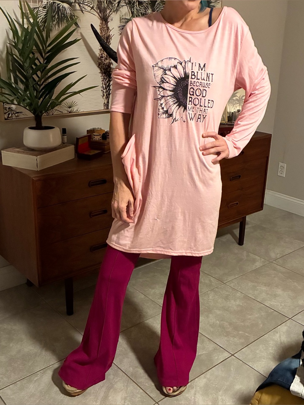 Pink Graphic Tunic Top with Sunflower Quote